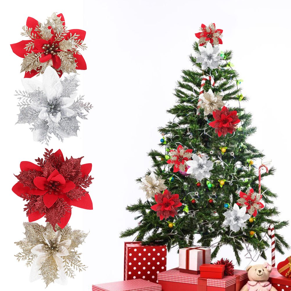 4Pcs Artificial Christmas Flowers Glitter Artificial Flowers Merry Christmas Tree Decorations Xmas Ornaments