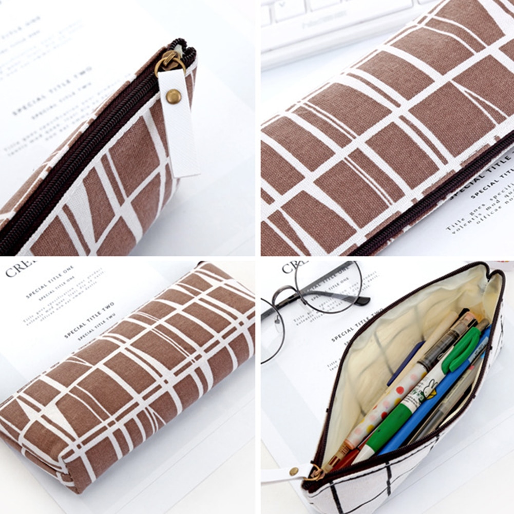 Simple Plaid Solid Color Pencil Case Canvas Organizer Pouch School Supplies Cute Stationery School Pencil Box Pen Bags