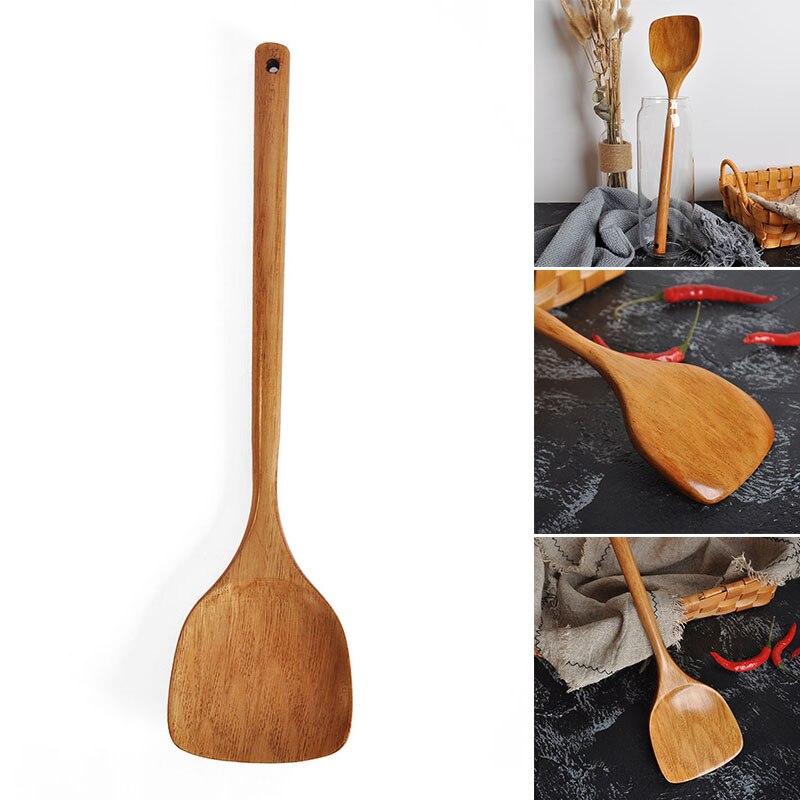 Træskovl spatel wok håndlavet non-stick madlavning værktøj køkken 39 x 9cm