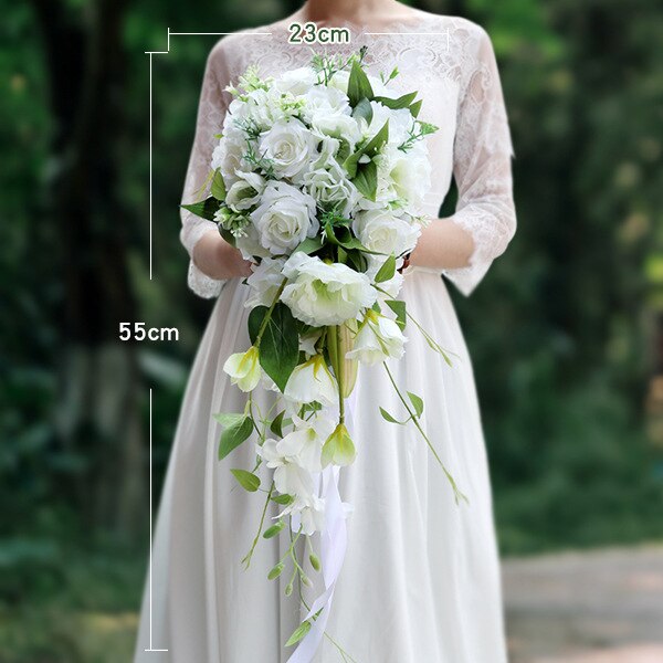 Bouquet de fleurs avec nœud vert et blanc, chute d&#39;eau, pour mariée, pour mariage, WAS10154