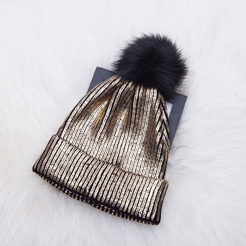 Kvinner jenter vinter varm metallisk skinnende strikket heklet lue med pom pom
