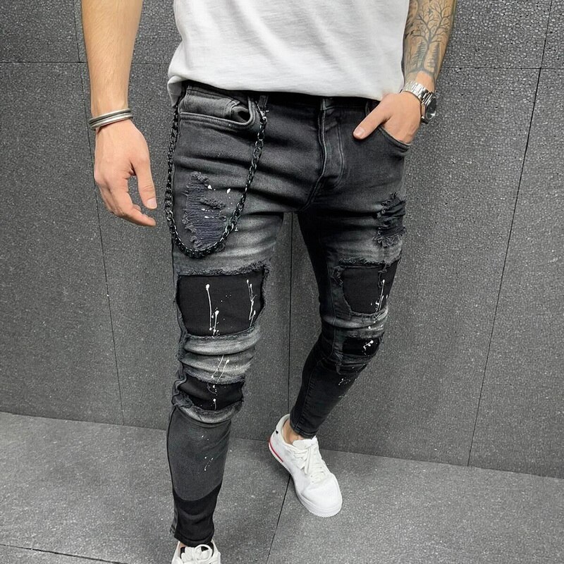 Biker Jeans Men's Distressed Stretch Ripped Biker Jeans Men Hip Hop Slim Fit Holes Punk Denim Jeans Cotton Pants Zipper jeans