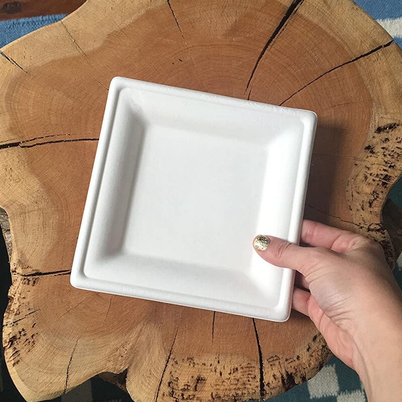 6 Inch Compostable Square Plate50 Sticks Heavy-Duty Sugarcane Disposable Biodegradable Plate, Suitable For Dessert,White