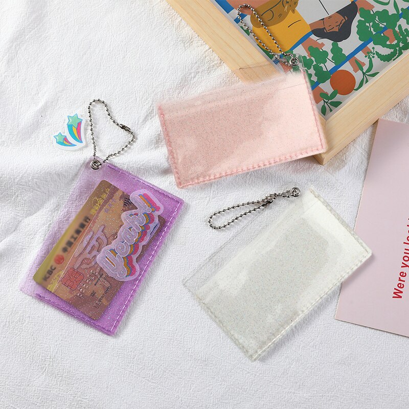 Ins 2 Bits Transparante Waterdichte Pvc Glanzende Vrouwen Meisjes Card Case Visitekaarthouder Mannen Id Creditcard Zak met Sleutelhanger