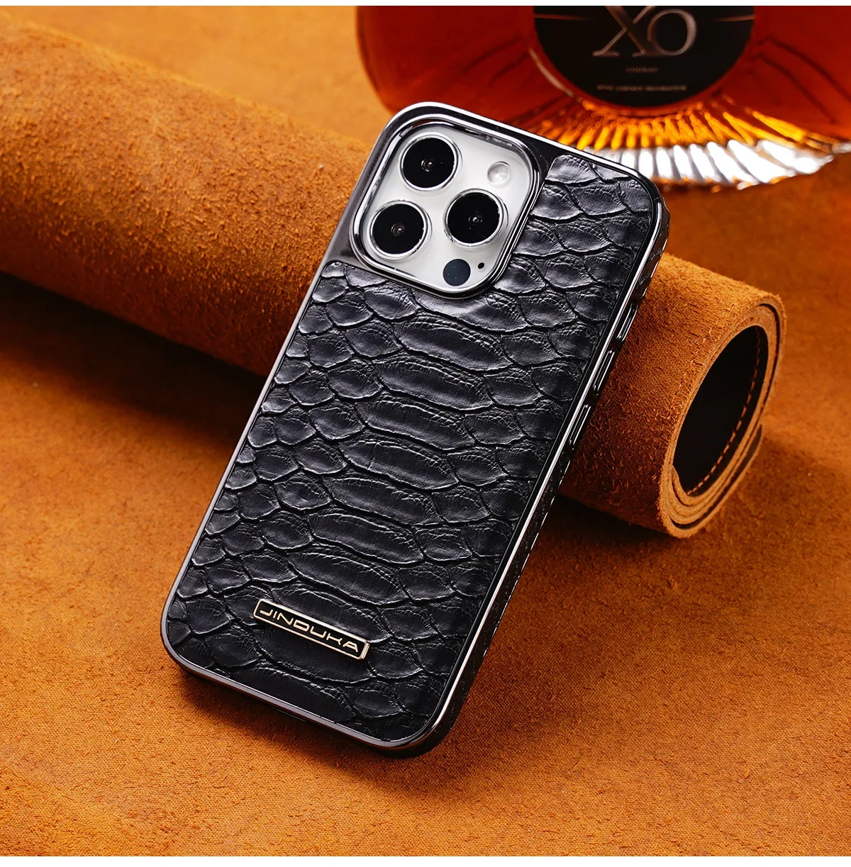 Luxury Python Texture Leather Electroplating Phone Case For iPhone 15 14 13 12 16 Pro Max Back Cover with Built-in Flannel: Microfiber / Beige