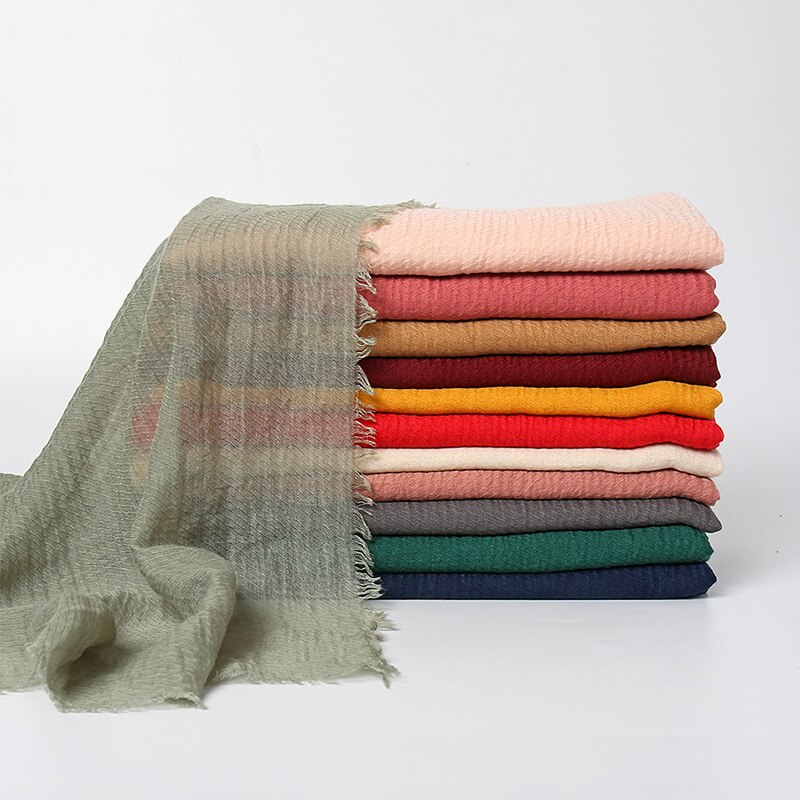 Wrinkled Cotton Scarf Shawls Large Size Tassel Striped Scarves Hijabs Stoles Pleated Muslim Women Headband Head Wraps 1PC Retail