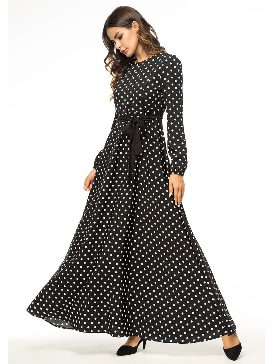 Muslim Dress Islamic Clothing Autumn Gown Simple Caftan Marocain Wave Point Swing Abaya Femme Musulmane Dress