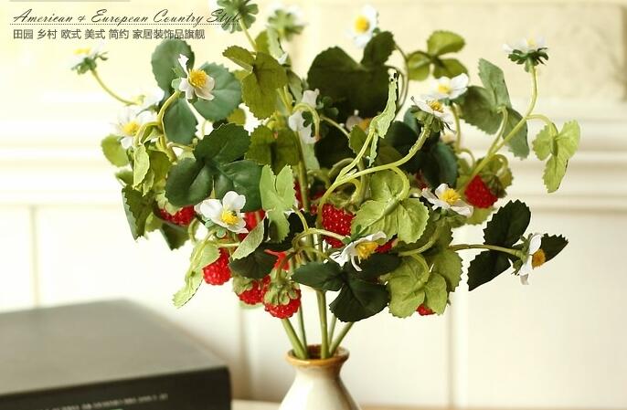 Rustik stil simulering jordgubbe blomma gren, konstgjord växt frukt, gröna blad jordgubbe konstgjord blomma: Ett gäng  of 5 små
