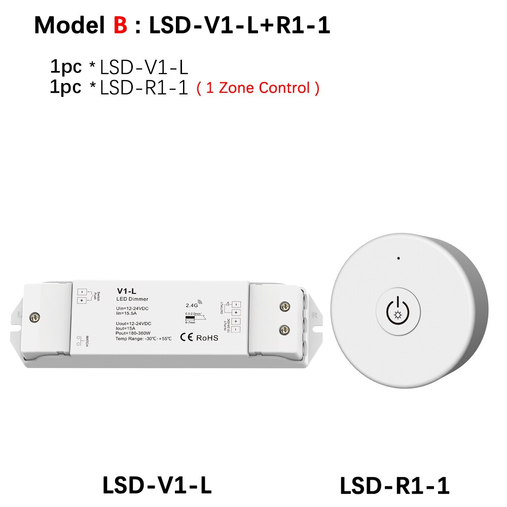V1-L LED Dimmer 12V 24V 1CH 15A PWM 0-100% Stepless Dimming Switch Wifi RF 2.4G Wireless RF Remote LED Strip Light Push Dimmer: Model B
