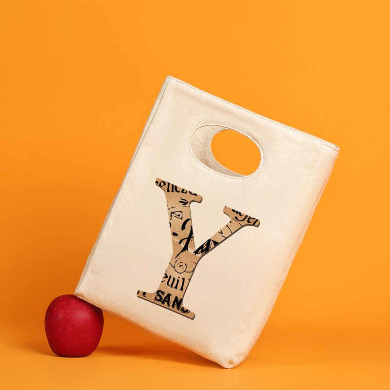 Brązowe litery ocieplana z płótna Unisex torba na Lunch wielokrotnego użytku śniadaniówka Organizer torba podróżna chłodzona: 9BrownY
