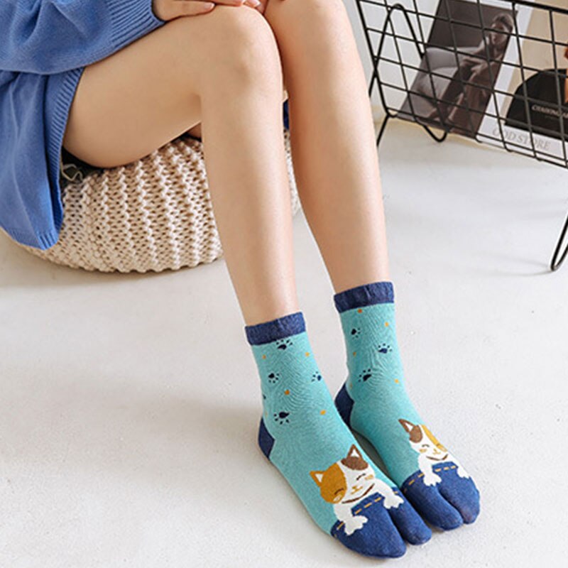 Tongs Kimono en coton à deux orteils pour femmes, chaussettes de sandales Tabi, chaussettes à orteils fendus, Tube central Animal de dessin animé