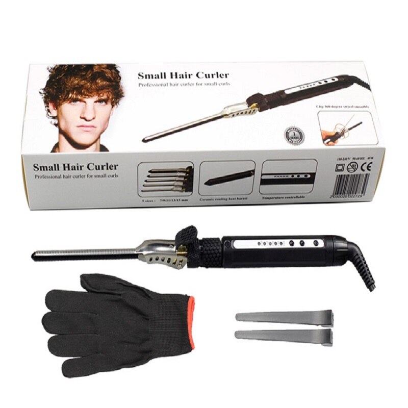 7mm Curling Iron Rotating Hair Curler Men's Small Curl Ceramic Pear Flower Cone Hair Curler Roller Waver Wand Salon Hair Styler: Black with box / US