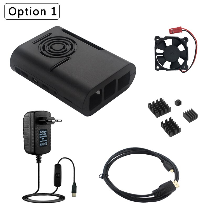 Raspberry Pi 4 Model B Case Abs Shell Plastic Huis Koelventilator Heatsink Hdmi-Compatibele Kabel Voeding Adapter voor Pi 4: Option 1