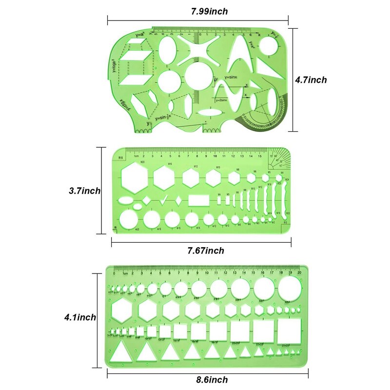 9 Pieces Drawings Templates Measuring Geometric Rulers Plastic Draft Rulers for School Office Supplies Clear Green