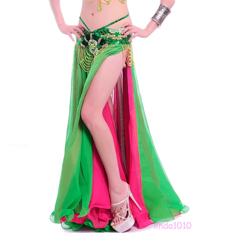 bellydancing skirts belly dance skirt costume training dress or performance -6002: Green Fuchsia