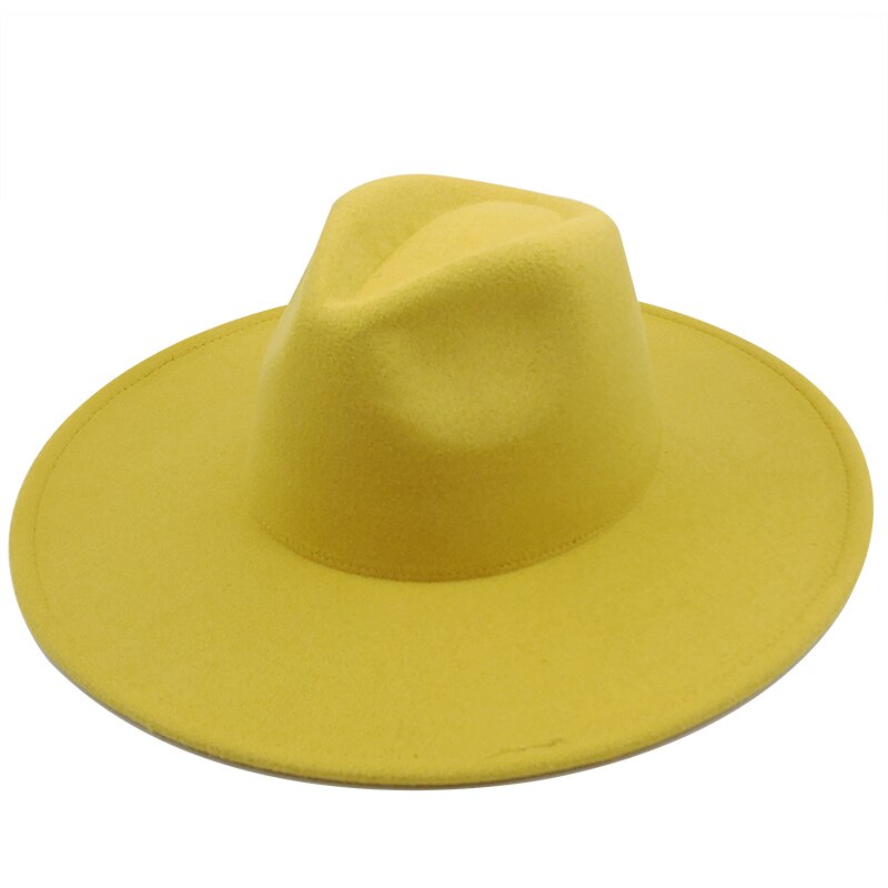 Eenvoudige 9.5Cm Brede Rand Grote Witte Fedora Britse Stijl Winter Wol Effen Klassieke Fedora Cap Mannen Vrouwen Panama Jazz hoed: yellow