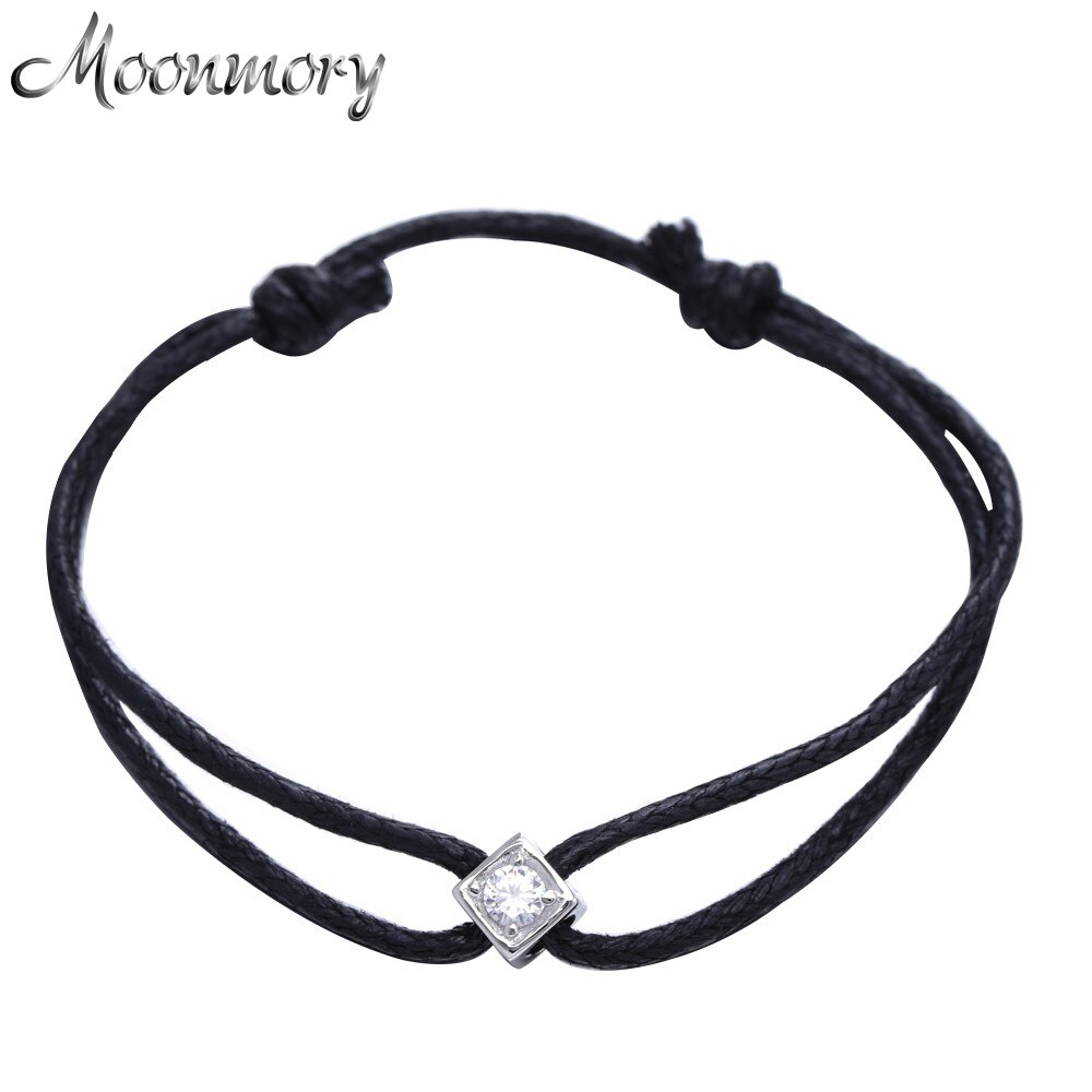 Moonmory-pulsera de plata de ley 925 con piedra cuadrada para mujer, brazalete de boda con cuerda negra, ajustable