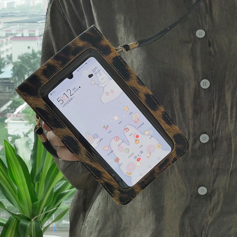 Touch screen mobiltelefon pung smartphone tegnebog læder skulderrem håndtaske kvinder taske leopard gennemsigtig telefon taske