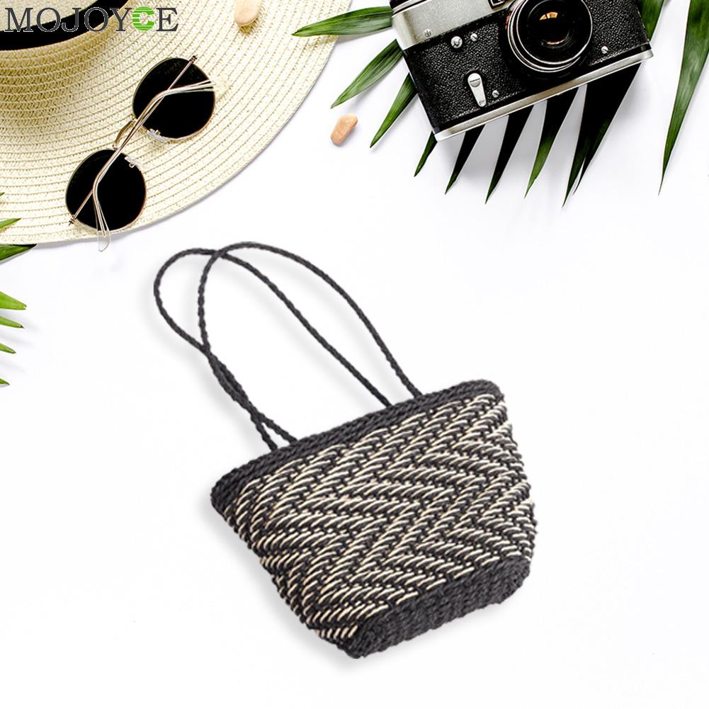 Vintage Straw Shoulder Weaving Bucket Beach Bag Women Woven Rattan Small Beach Summer Bucket Totes Handbags