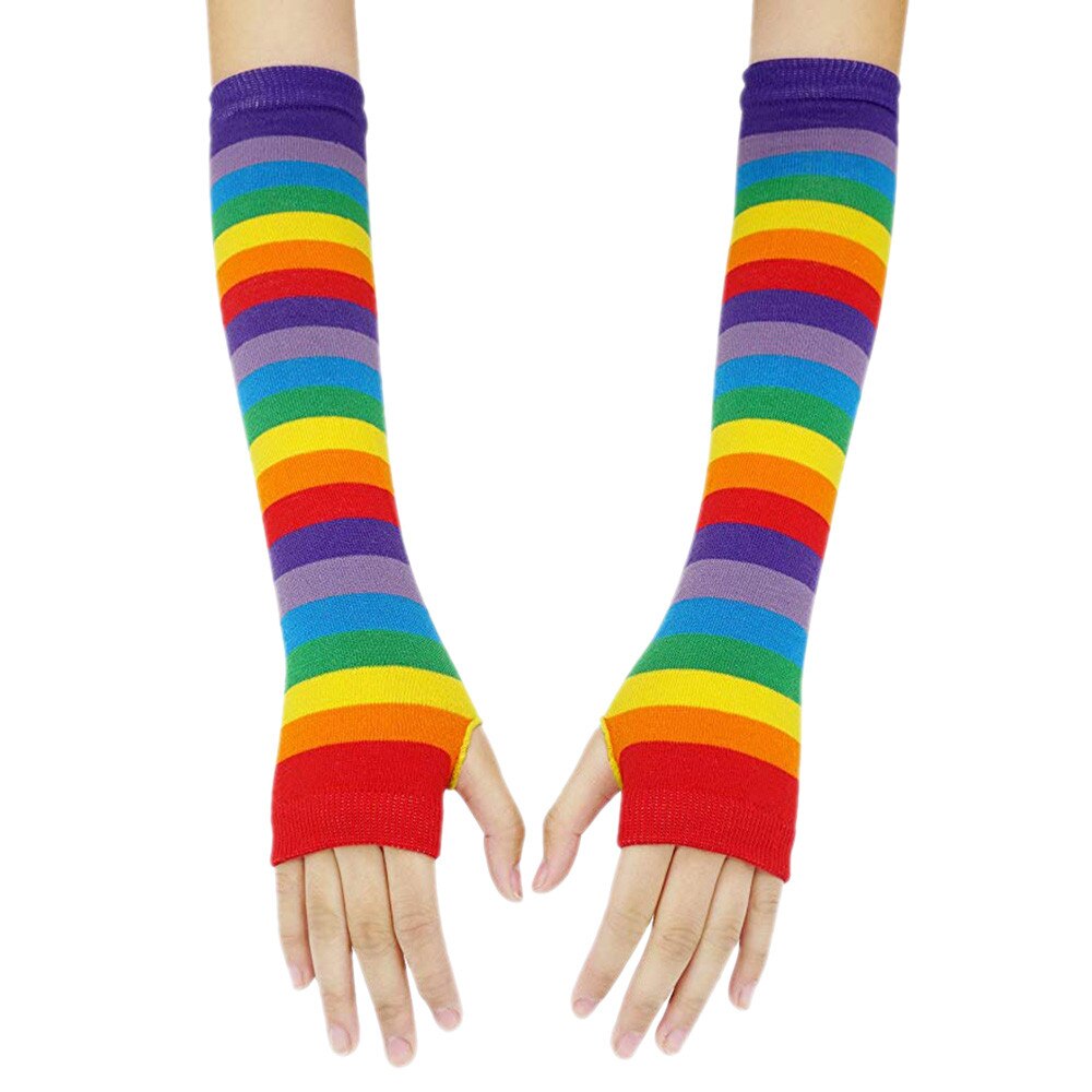 Vrouwen Handschoenen Regenboog Streep Half Vinger Lange Zachte Handschoenen Punk Gothic Rock Kleur Lange Arm Warmer Vingerloze Protect # yj