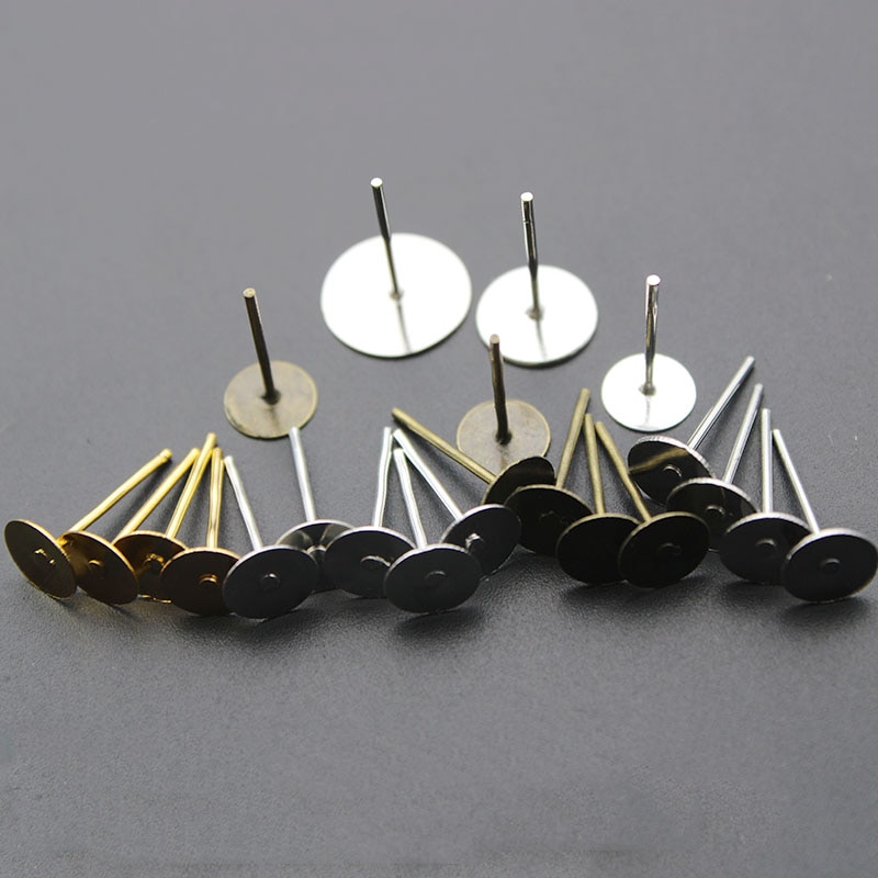 Lot de broches de boucle d'oreille vide, plaqué or argent, 4, 6, 8, 10mm, plateau rond plat, pour étude de bijoux à faire soi-même, 200 pièces/lot