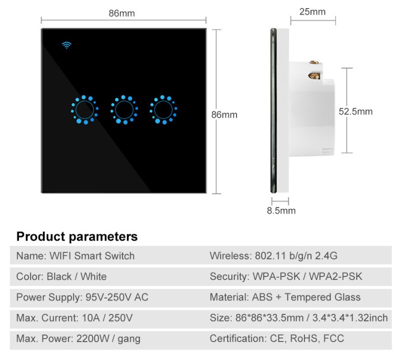 Touch Switch Smart Switch Panel Wall switch 1/2/3 Gang Wifi Light Switch US / EU Standard Work with Alexa Google Home