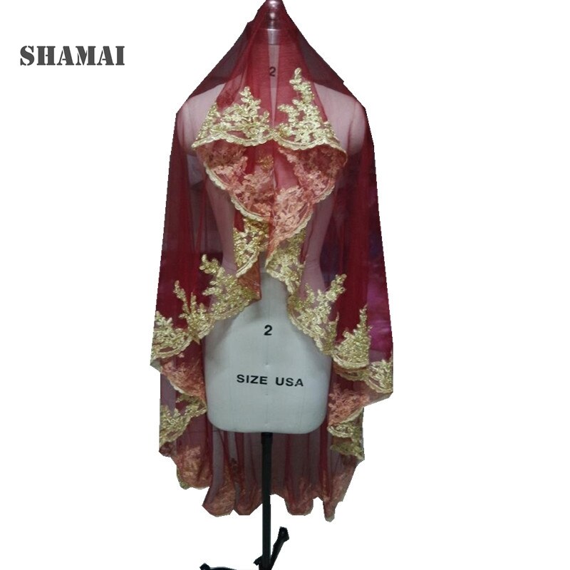SHAMAI Gold lace edge burgundy red wedding veils long 150cm Length One Layer Bridal veils Wedding Veil Wihtout Comb