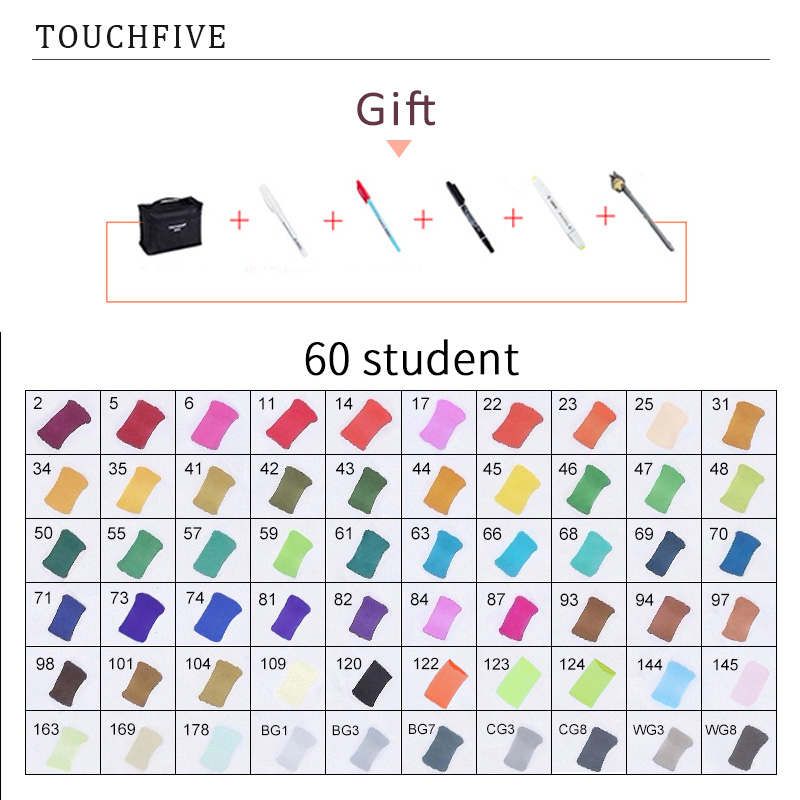 TouchFIVE 60/80/168 Farben Marker Set Manga Zeichnung Marker Pen Alkohol Basierend Skizze Filz-Spitze Fettige Twin Pinsel Stift Kunst liefert: 60 STUDENT