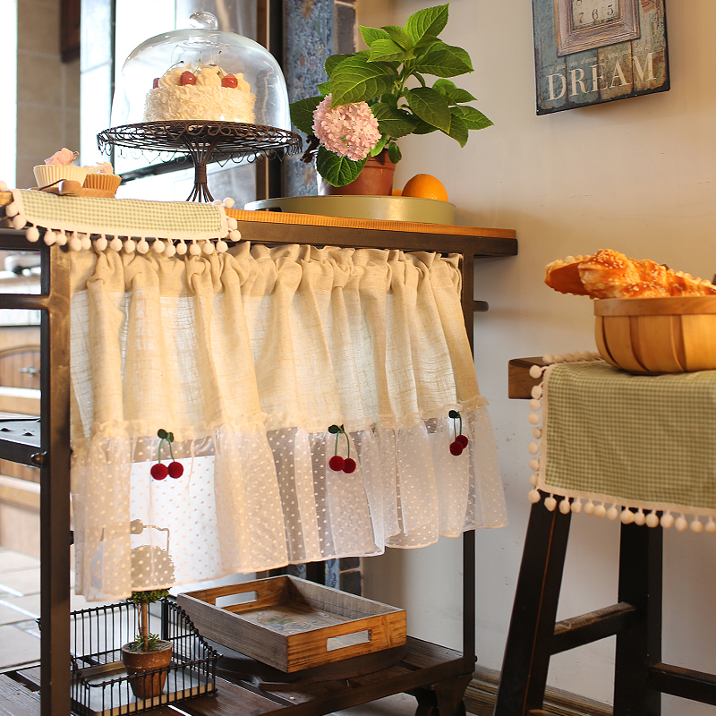 DUNXDECO-Rideau court pour porte de cuisine, demi-rideaux, fantaisie, Style pays français, petit Rideau brodé en boule de cerisier