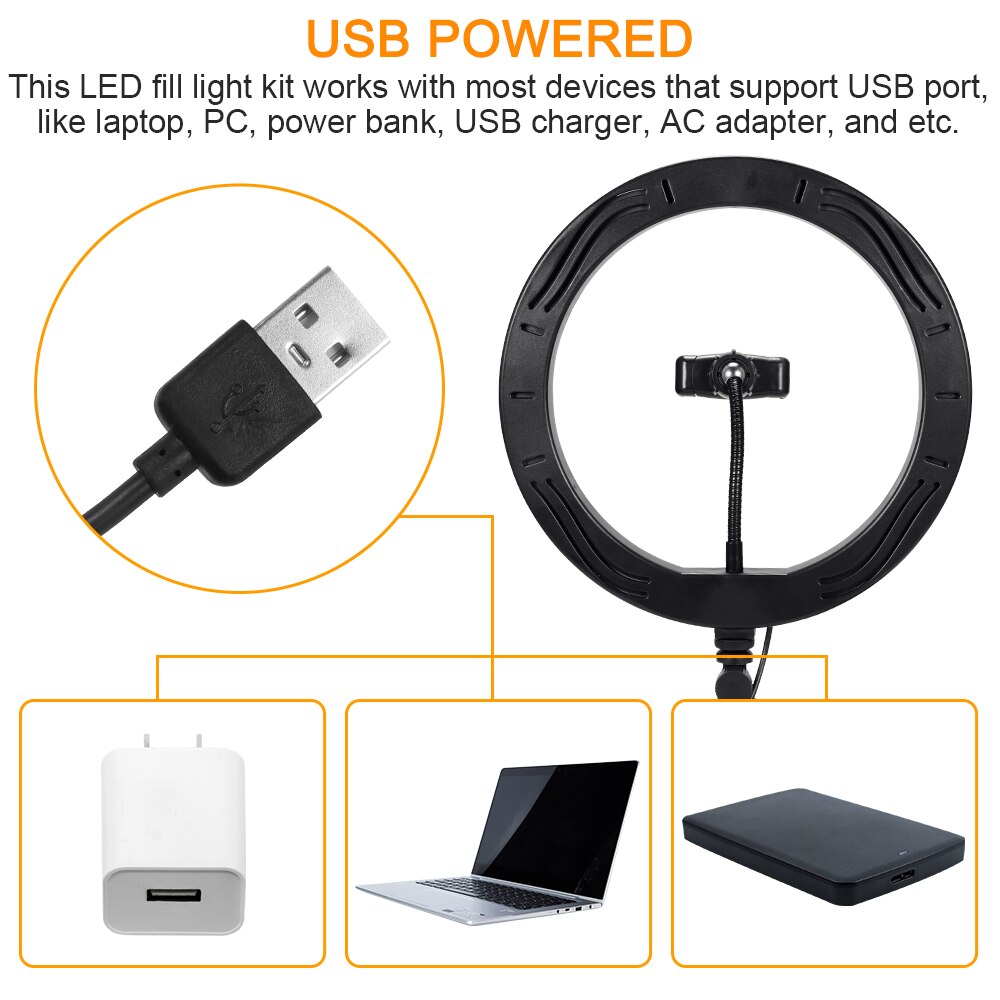 Dimmbare und verstellbare led-ringleuchte, usb-betrieben, für die meisten mobiltelefone, mit stativ und ausziehbarem stativ.
