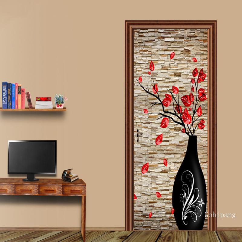 3D en relief Vase fleurs maison porte autocollant décoration Style chinois papier peint salon étude vinyle porte murale porte autocollant