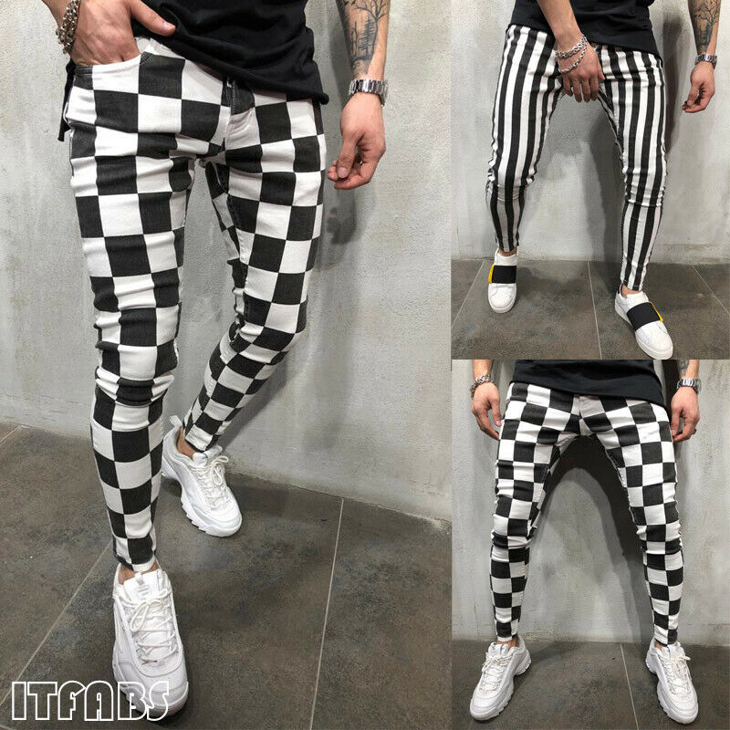 Hirigin Mannen Zomer Mode Slanke Comfortabele Gestreepte Plaid Zwart Wit Casual Potlood Broek Mannen Kleding