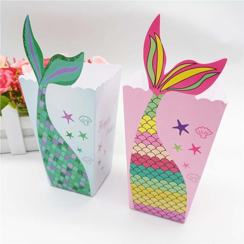 6pcs Mermaid Tail Popcorn Boxes Paper Candy Box Mermaid Birthday Party Decorations Kids Favors Baby Shower Party Supplies