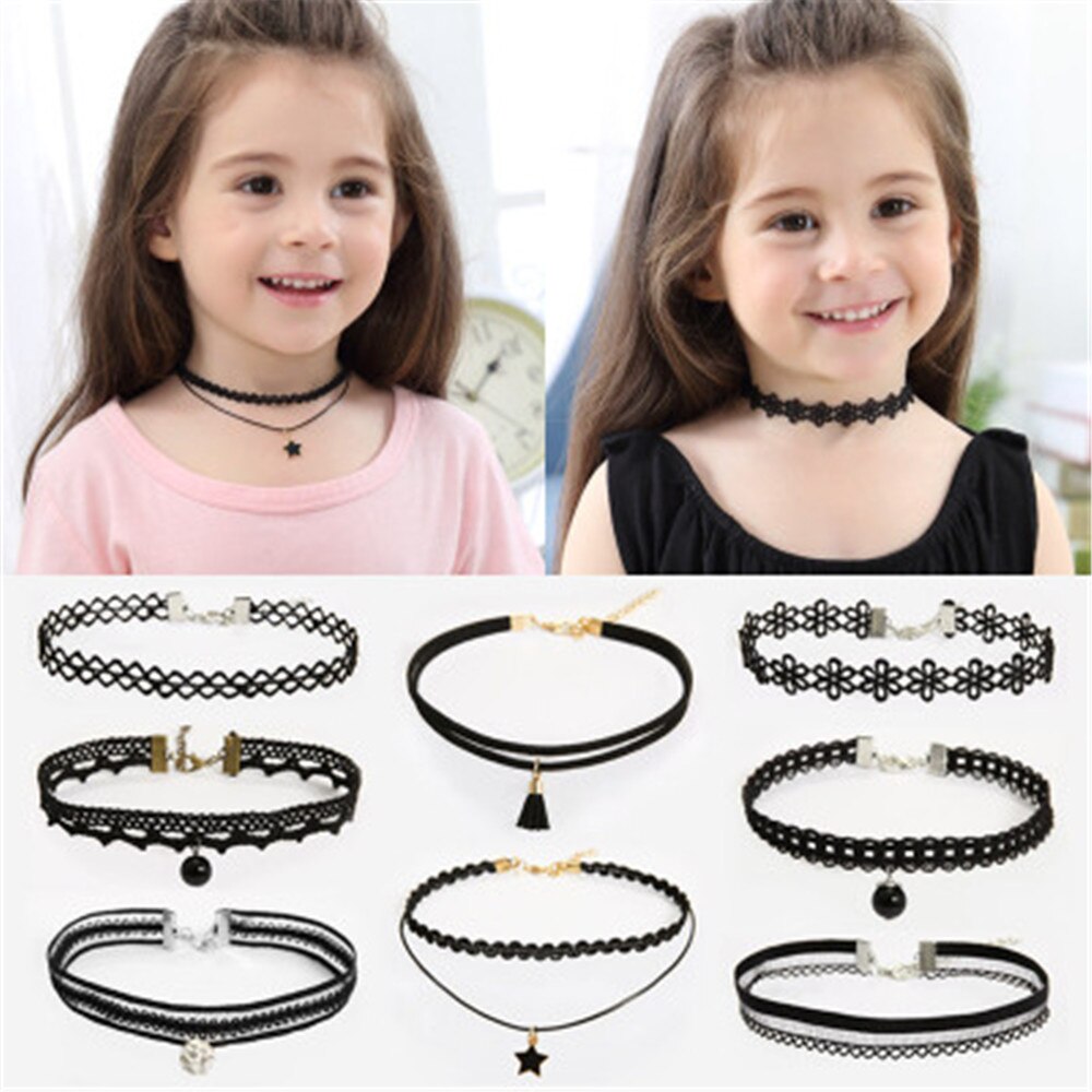 WANGAIYAO Children's Girl Necklace Black Multilayer Lace Velvet Choker Clavicle Collar Decorative Chain Elastic Knit Choker