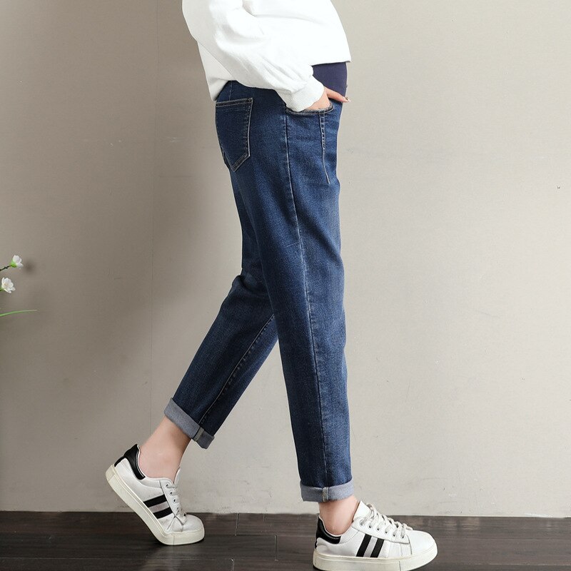 6xl store gravide bukser løse brede ben plus fede gravide kvinder jeans justerbar talje gravid kjole gravid tøj: Blå / 3xl