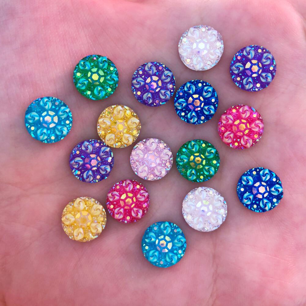 50 stks 10mm Hars Ronde 3D Bloem Plaksteen Strass Bruiloft Knoppen DIY R43: Mixed