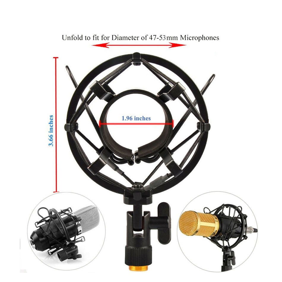 47-53mm Microphone Shock Mount Double Mesh Pop Filter & Screw Adapter Adjustable Anti Vibration Isolation Metal Mic Mount Holder