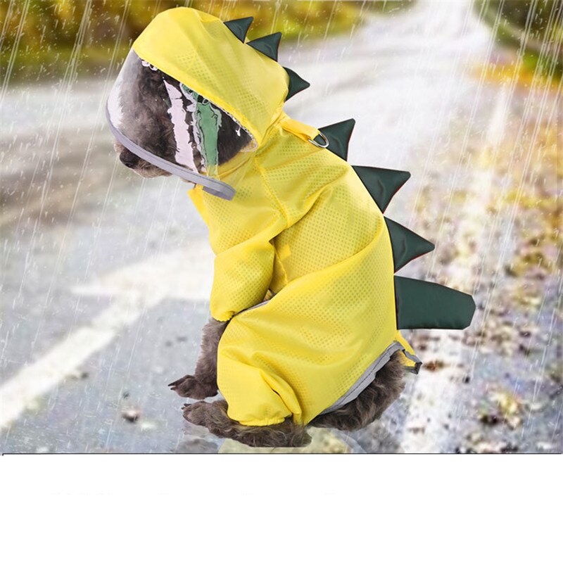 Pet Dog Raincoat Waterproof Reflective Dinosaur Cosplay Breathable Four Legs Small Dog Clothes Hooded Rain Coat Ropa Perro: Yellow / S