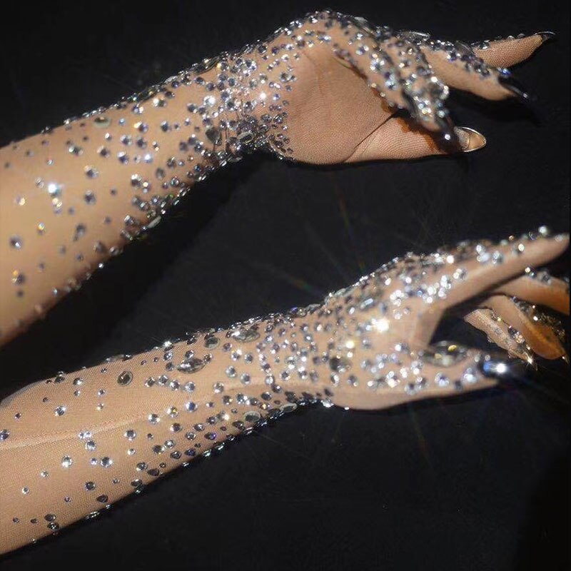 Full rhinestone long nails gloves Mesh stage performance gloves bar nightclub GOGO dance wear party festival Rave: Default Title