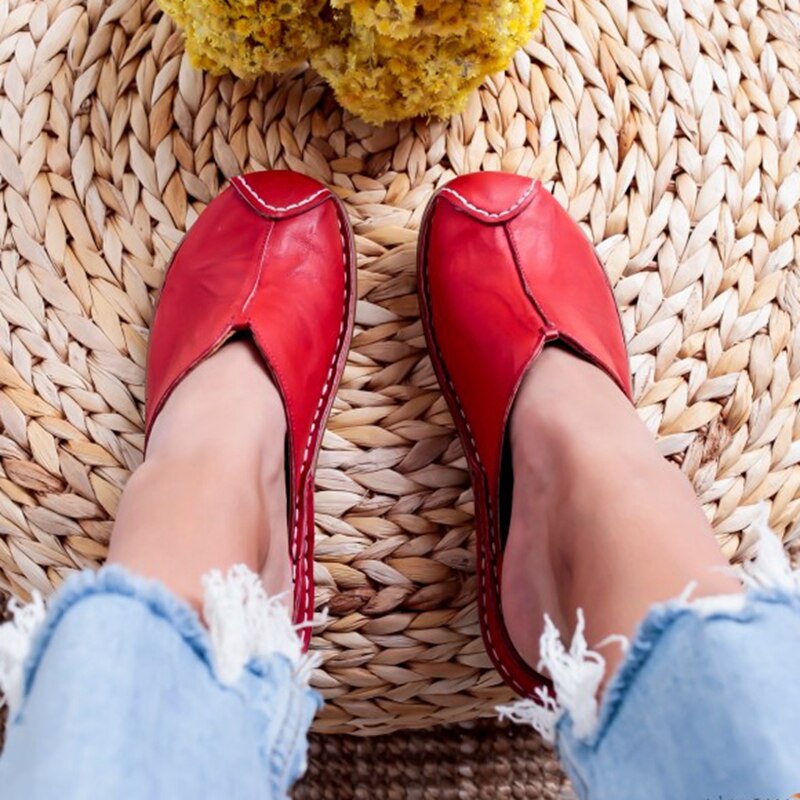 Dames muiltjes platte sandalen sandaal vrouwelijke lage hak slippers zomer slippers vrouwen ronde neus riet geweven strandschoenen: Rood / 6