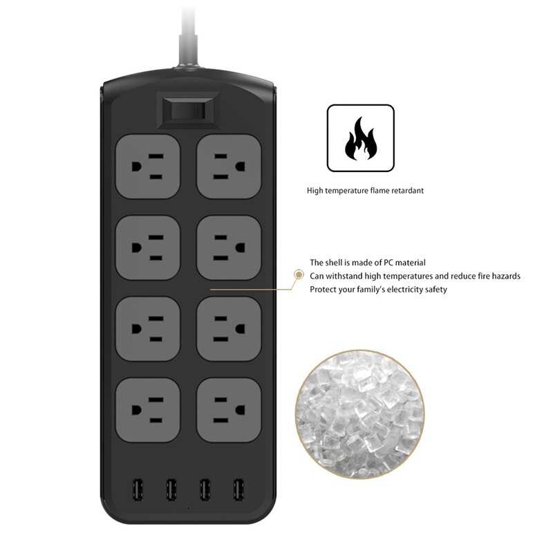 Power Strip With AC 8 Outlets 4 USB Charging Ports 2500W 5.9Feet Extension Cord Surge Protector For Home Office-US Plug