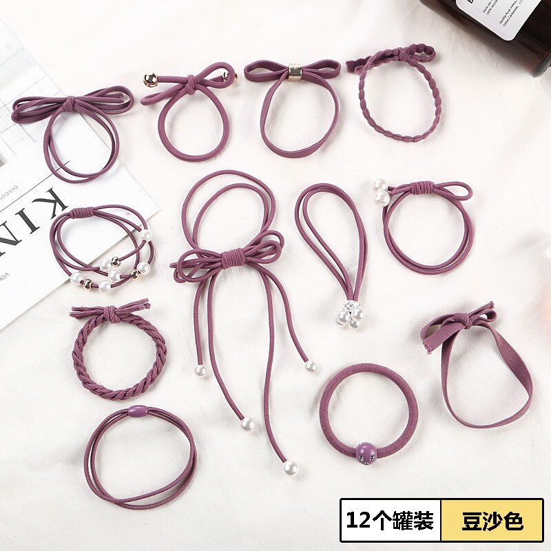 12-Pieces Girls Pink Hair Rope Hairband Korean-Style Headwear Set Hair Tie Rubber Band Hair Rope Boutiques: Tz02 Rosy Brown 12 Pieces