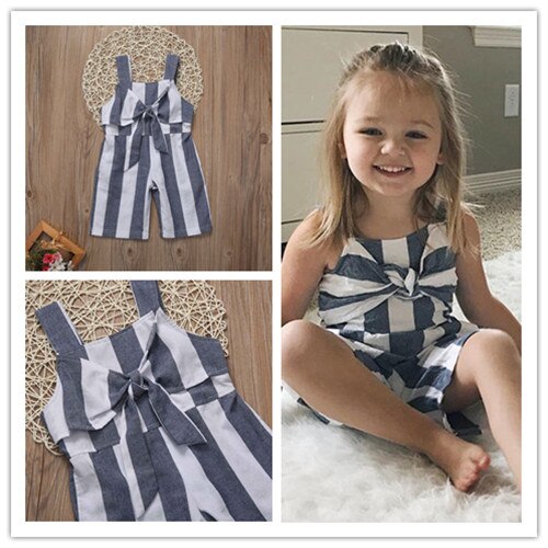 3-6T Kids Baby Girl Striped Bell Bottom Pants Overalls One-Pieces Strap Rompers Jumpsuit Outfit Clothes Gray White Bodysuit