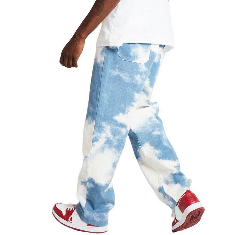 Männer lässig verlieren Gerade Denim Hosen binden Farbstoff Drucken Himmel Blau Lange Hosen Gerade Jeans Voller Länge Hohe binden Farbstoff S-3XL: XL