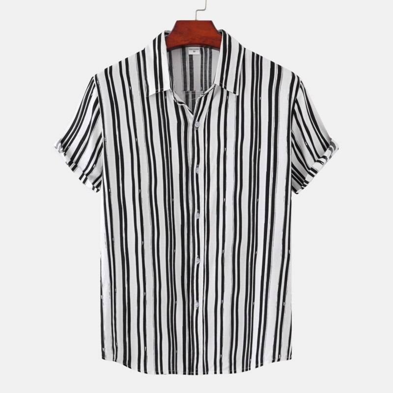 Chemise hawaïenne pour hommes, classique, à rayures noires et blanches, à revers, à simple boutonnage, à manches courtes, vêtements d'été, 2022
