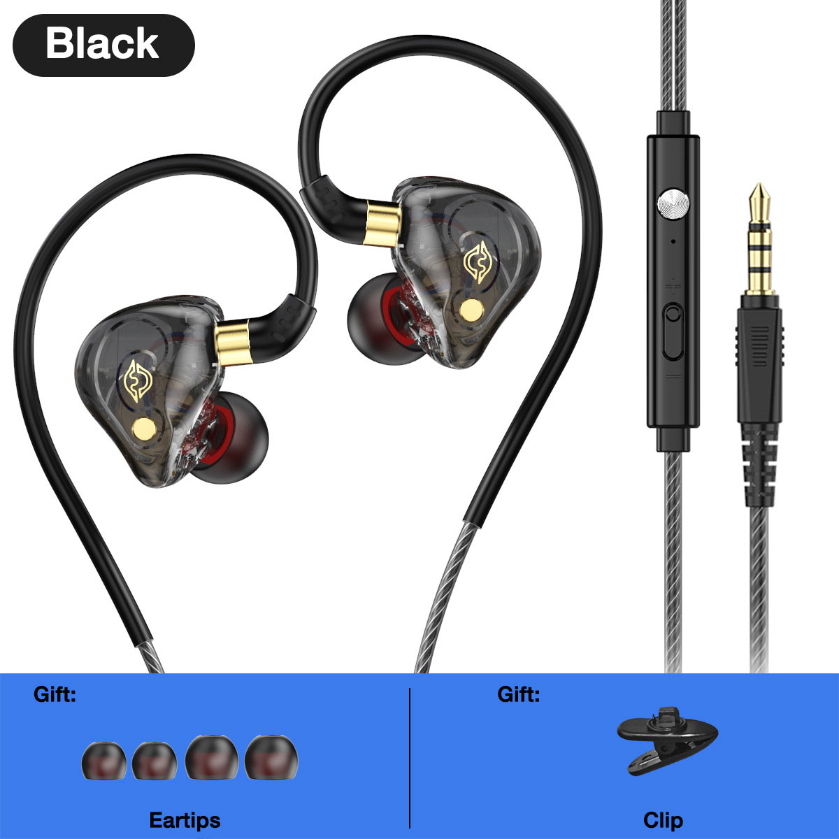 EARDECO-auriculares con cable de 3,5mm, cascos con micrófono, auriculares con cable, estéreo de graves, con cancelación de ruido, gancho para la oreja deportivo: Negro