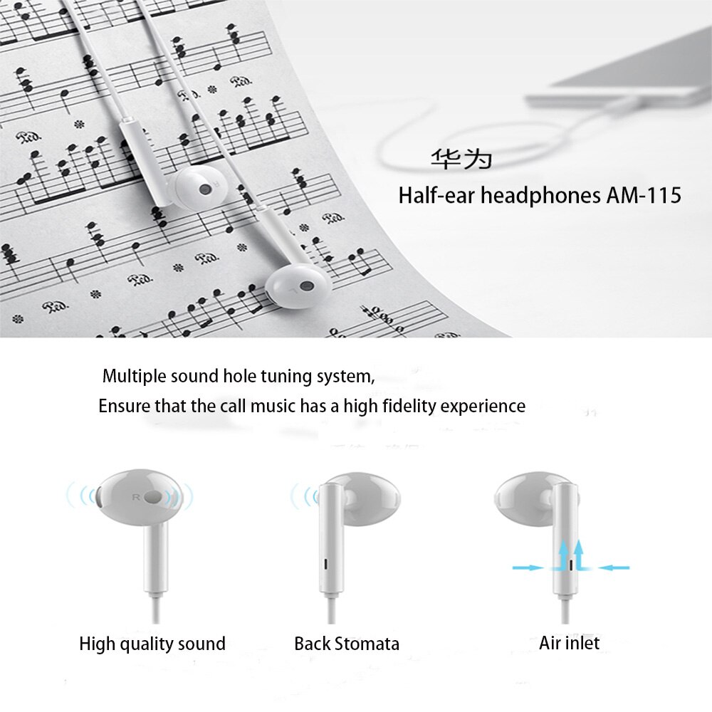 Original Huawei Honor AM115 Earphone With 1.1m Length wired Control Mic Volume Control Speaker suppor easy headset