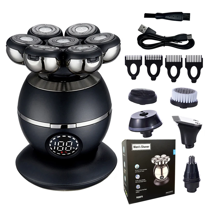 Afeitadora eléctrica 7D, cortadora flotante, Base de cabezal, cortadora de barba portátil para hombres, maquinilla de afeitar eléctrica con cabezal calvo recargable: Plata