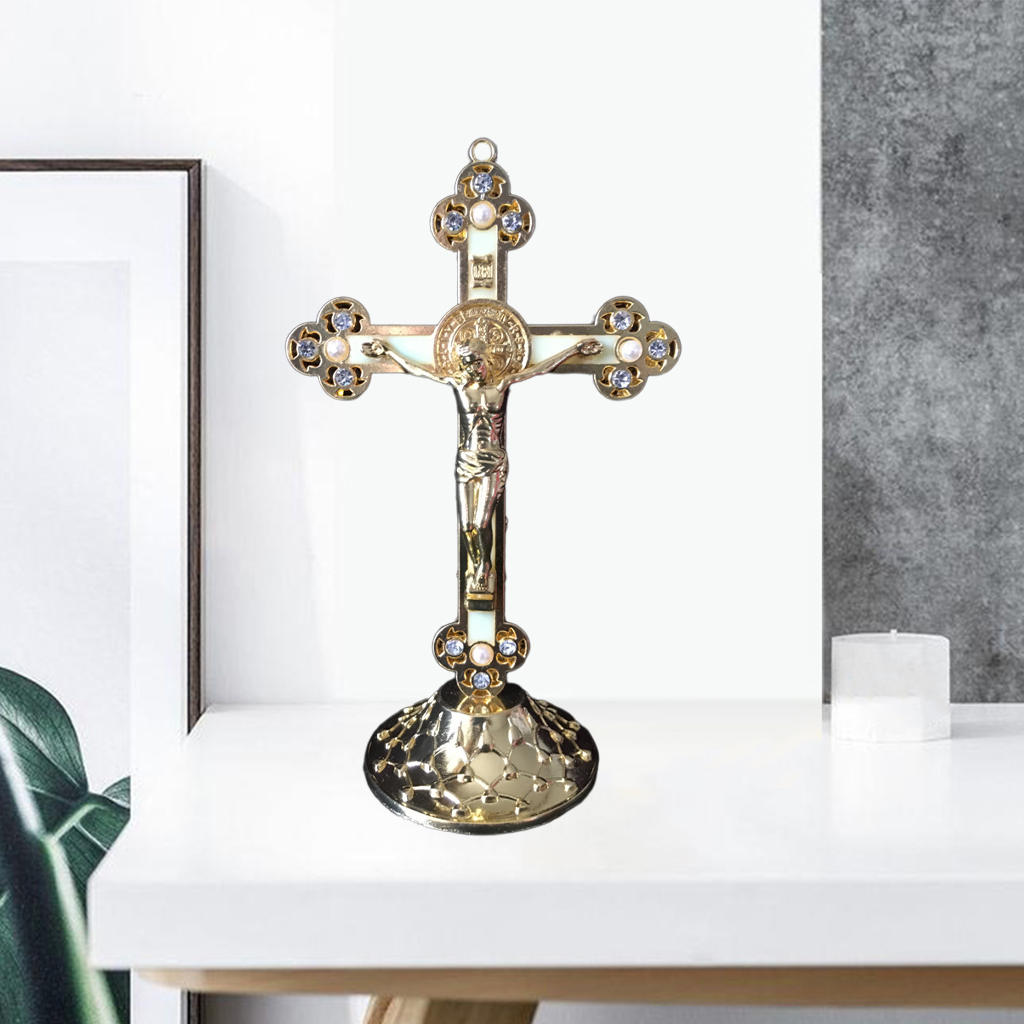 Crucifix Wall Cross (Hanging or Standing), Catholic Wooden Jesus Cross Wall Decor: Golden