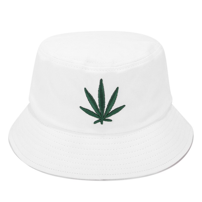 Leaf Embroidery Bucket Hat Protection Sun Hat Maple Foldable Cap Panama Packable Cotton Fisherman Hat For Men and Women: Green Leaf-White